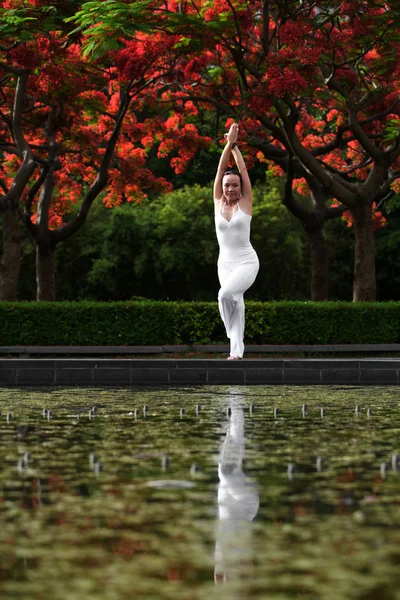 用反射水中瑜伽 — 图库照片
