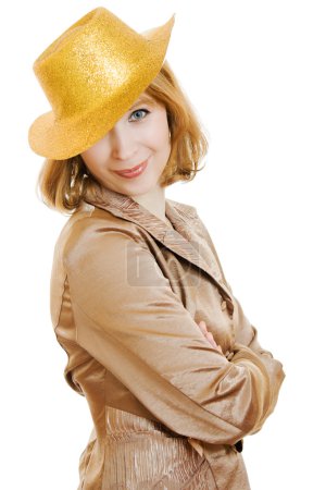 Femme d'affaires dans un chapeau d'or festive sur un fond blanc .