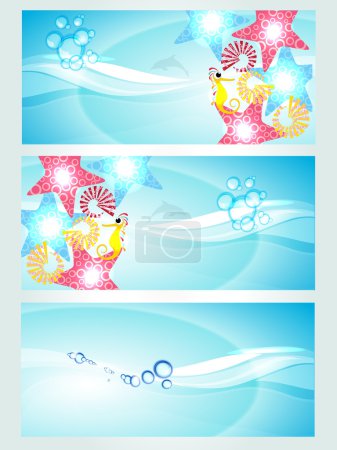 Ensemble de trois en-têtes affichant des vagues et des créatures aquatiques .