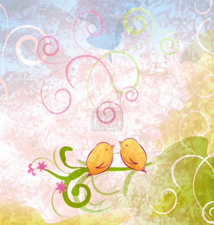 Oiseaux mignons assis sur l'illustration de branche d'arbre avec florishe 