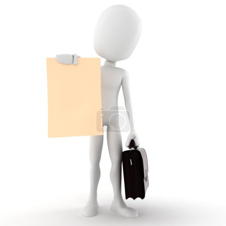 3d homme tenant une feuille blanche de papier 