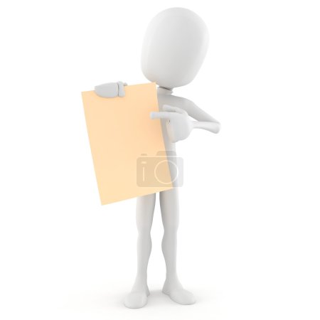 3d homme tenant une feuille blanche de papier 