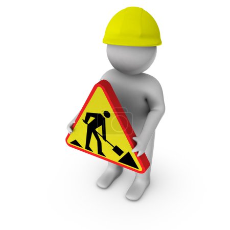 Travailleur 3d avec panneau de travaux routiers 