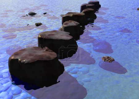 Rangée de pierres à pas dans une rivière bleue de l'océan 