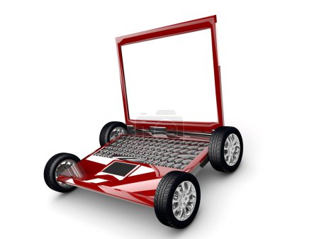 Ordinateur portable avec pneus isolés sur fond blanc 