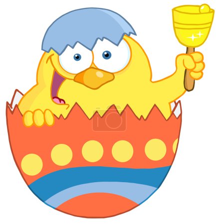 heureux jaune poussin jetant un coup d'oeil hors d'un oeuf de Pâques et sonnant une cloche 