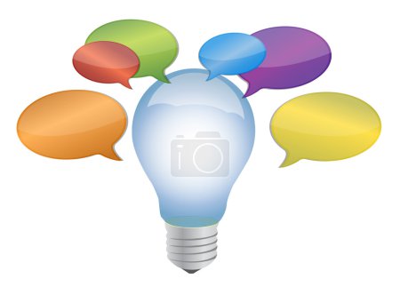 Ampoule avec bulles de message autour de lui sur blanc 
