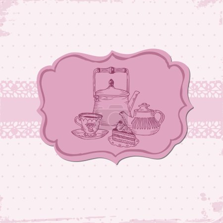 Carte mignonne avec gâteau et théières - pour votre menu ou scrapbook dans 