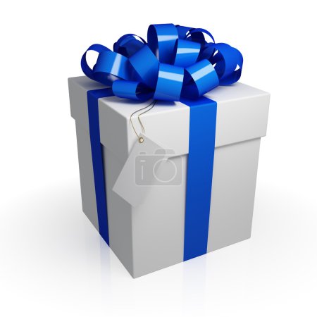 Coffret cadeau blanc avec ruban bleu .