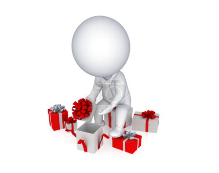 Petite personne 3d ouvrant la boîte cadeau .