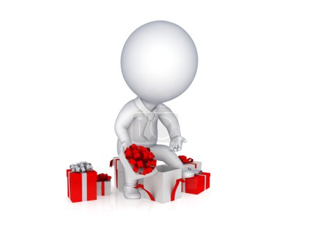 Petite personne 3d ouvrant la boîte cadeau .