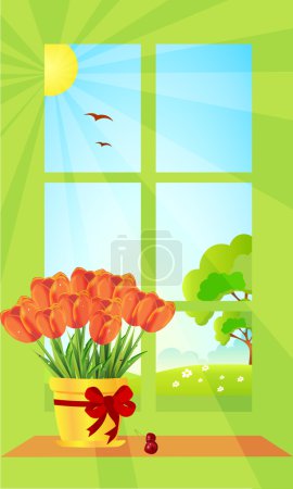 Beau bouquet de tulipes à une fenêtre au printemps 
