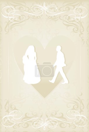 Carte de mariage avec homme et femme dans le ciel en plumes tombantes vecteur b 