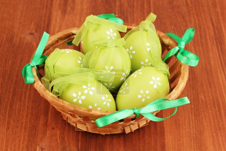Œufs de Pâques colorés dans le panier sur fond en bois