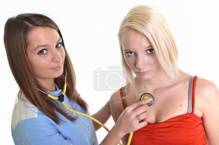 Femme médecin et patient islolated sur blanc 