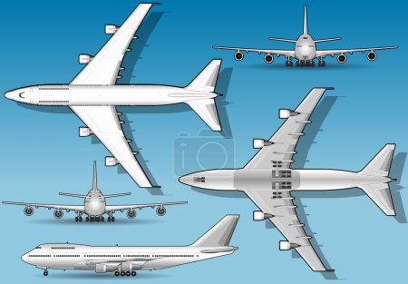 Avion blanc en cinq positions orthogonales 