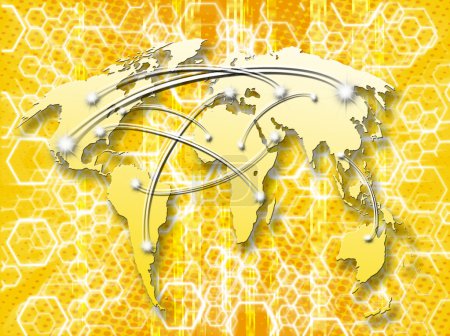 Fond abstrait jaune nid d'abeilles avec carte du monde interconnectée 