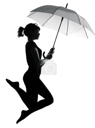 silhouette femme volant tenant parapluie ouvert 