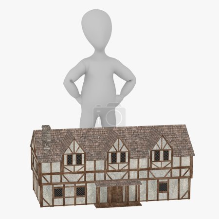 3d rendu de personnage de bande dessinée avec bâtiment médiéval 