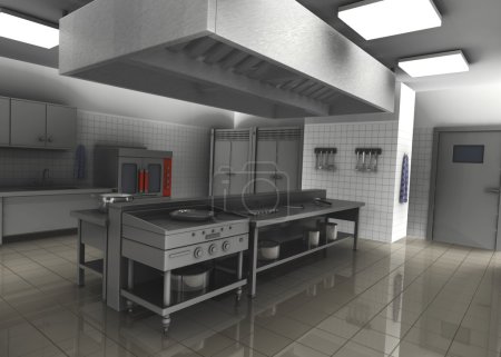 3d rendu de la cuisine de restaurant professionnel 